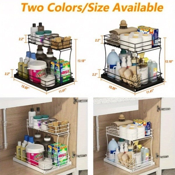 Double Slide-out Sink Cabinet Organizer, Under Sink Organizer In Kitchen And Bathroom Cabinets, Medium, Black